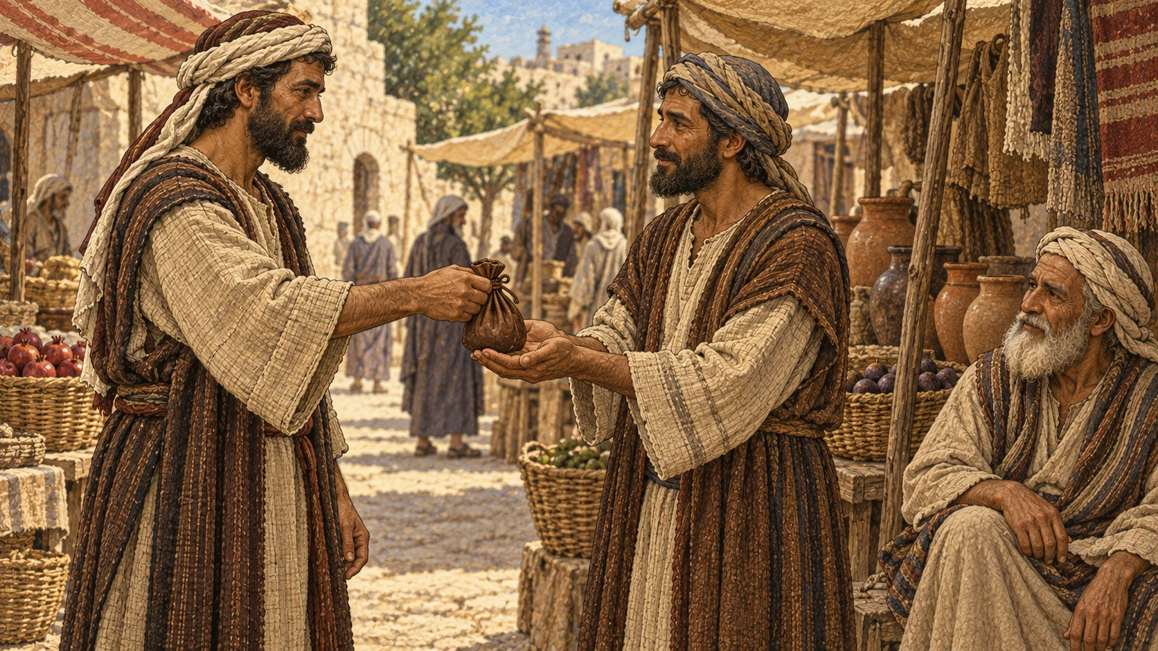 A man returns a pouch to his neighbor in the marketplace. This illustration of honest dealing accompanies the prohibitions on theft, deception, lying and false oaths in God's name.