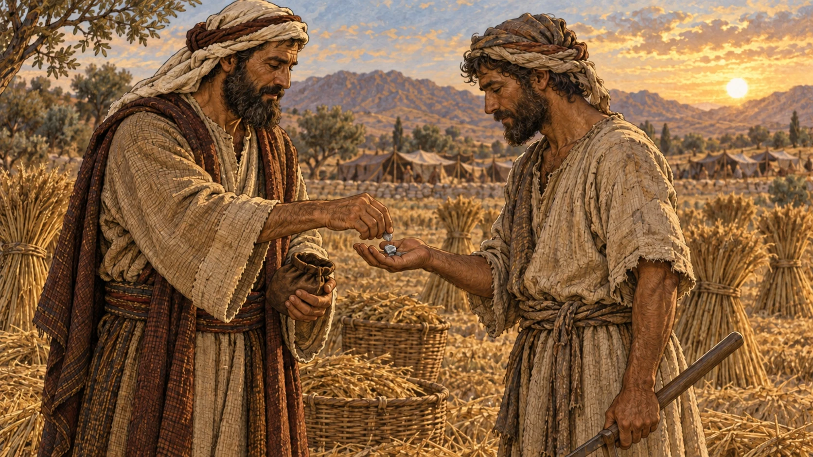 An employer pays a field worker while the sun remains above the horizon. The accompanying verse forbids oppression and robbery and requires that wages not be held until morning.