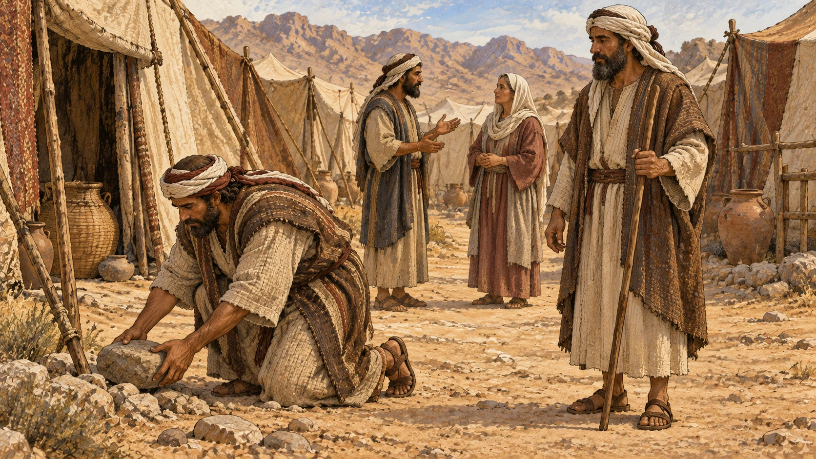 A neighbor clears a stone from the path while another waits with a staff; two adults communicate respectfully nearby. The accompanying verse forbids cursing a deaf person or placing an obstacle before a blind person, and commands reverence for God.
