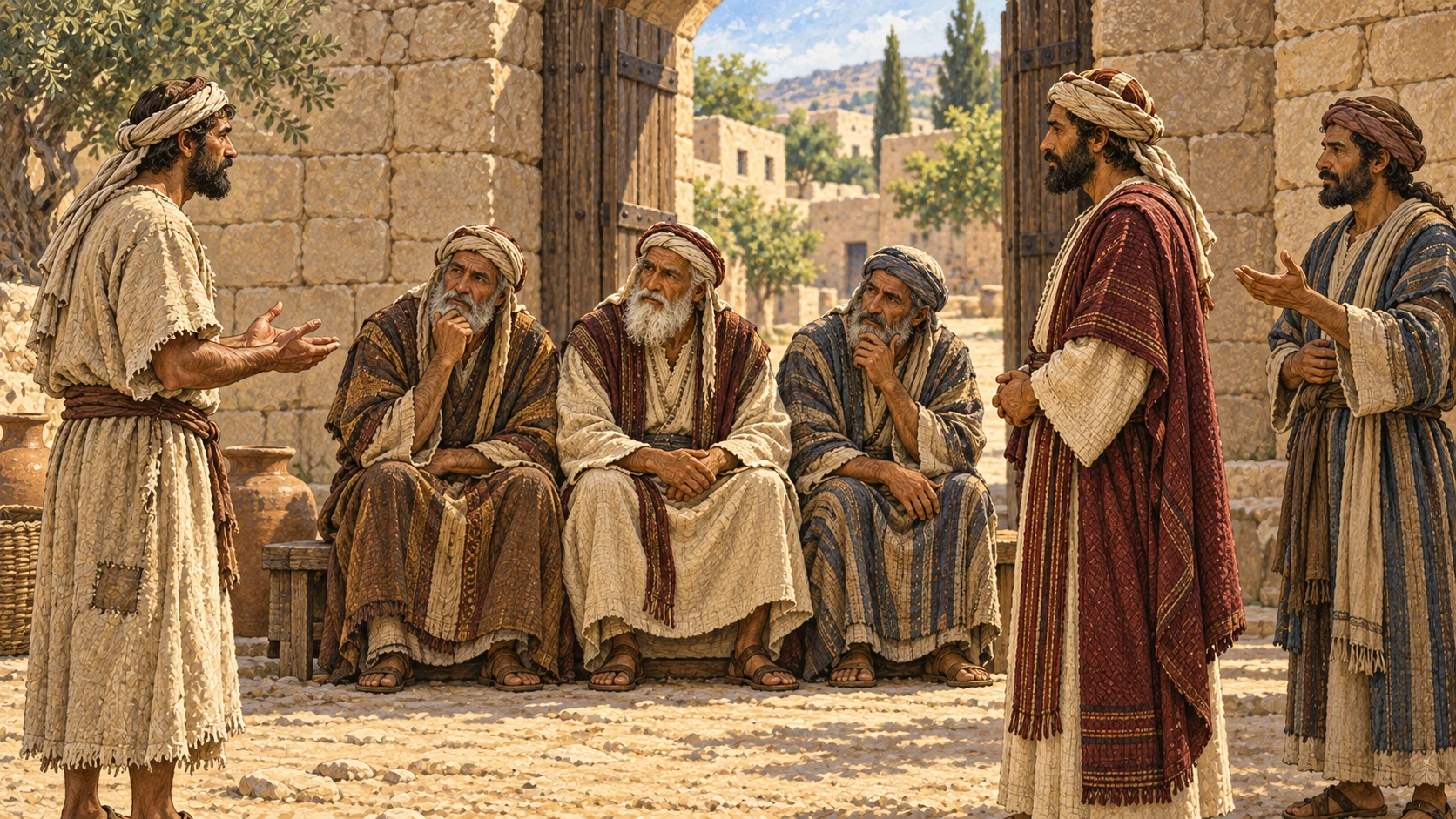 Judges hear two neighbors, with a witness standing nearby. The accompanying verses command righteous judgment without favoritism and forbid slander and standing against a neighbor's blood.