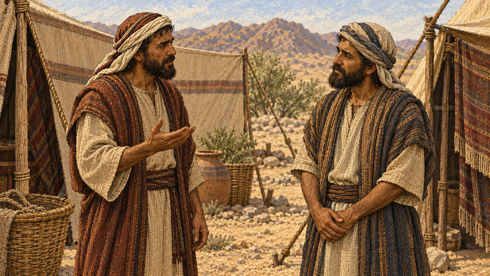 One neighbor speaks earnestly while the other listens. The accompanying verses call for candid correction without hatred, forbid vengeance and grudges, and command love for one's neighbor as oneself.