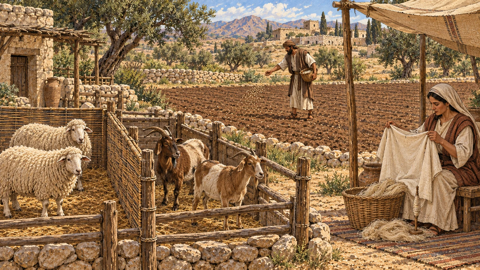 Sheep and goats occupy separate pens, a farmer sows a bounded field, and a craftsperson holds a plain garment. The accompanying verse prohibits mixed breeding, mixed seed in a field and wearing mixed material.