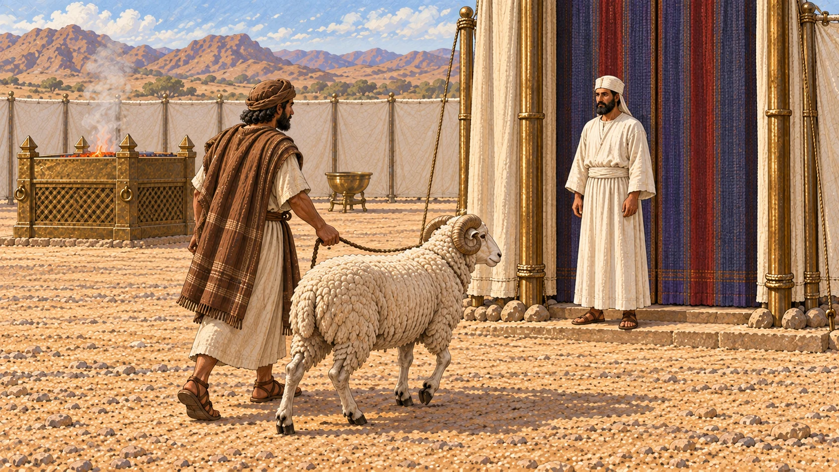 A man leads one living ram toward the priest at the tent entrance as his guilt offering. The accompanying verses preserve the inquiry, legal distinction, atonement, and forgiveness requirements.