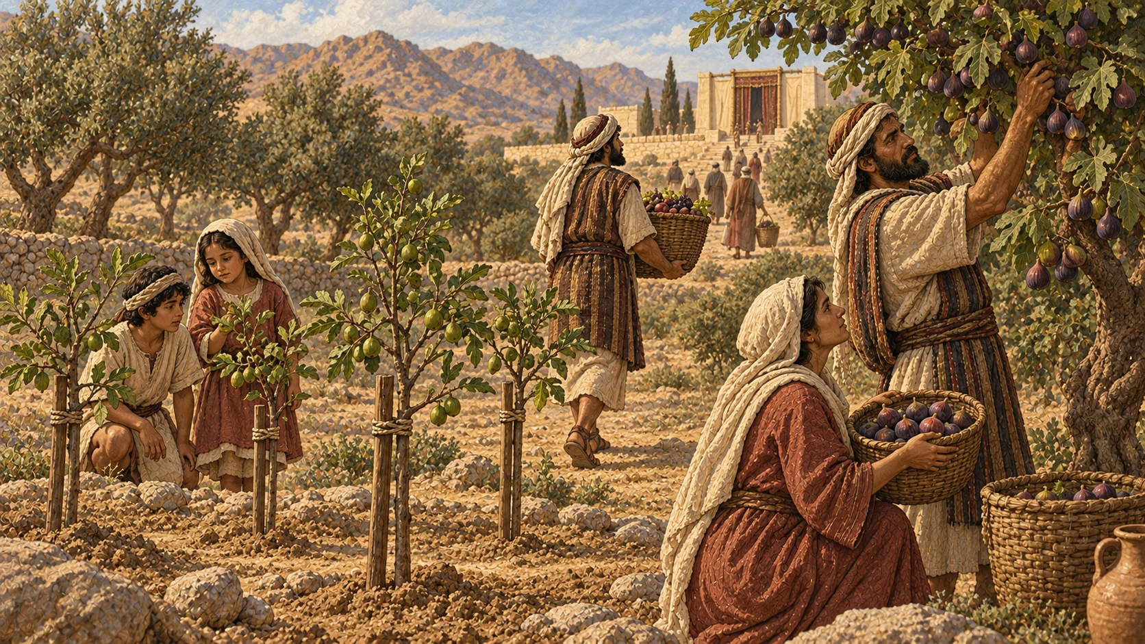 In one orchard, young trees remain untouched, a fourth-year harvest is carried toward the sanctuary in praise, and a mature tree feeds the household. The verse retains the three-year, fourth-year, and fifth-year distinctions.