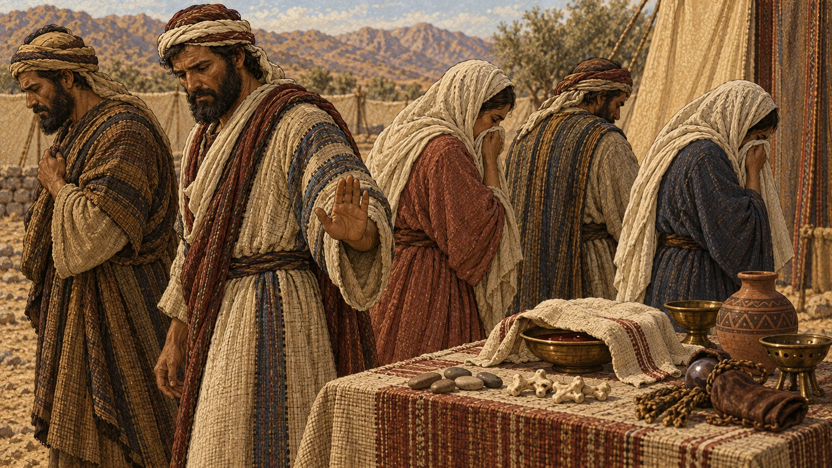 Mourners turn away from abandoned omen objects and a bowl of blood, keeping natural hair and intact skin as they grieve. The verse preserves the prohibitions on blood eating, divination, hair and beard alteration, cuts, and tattoos.