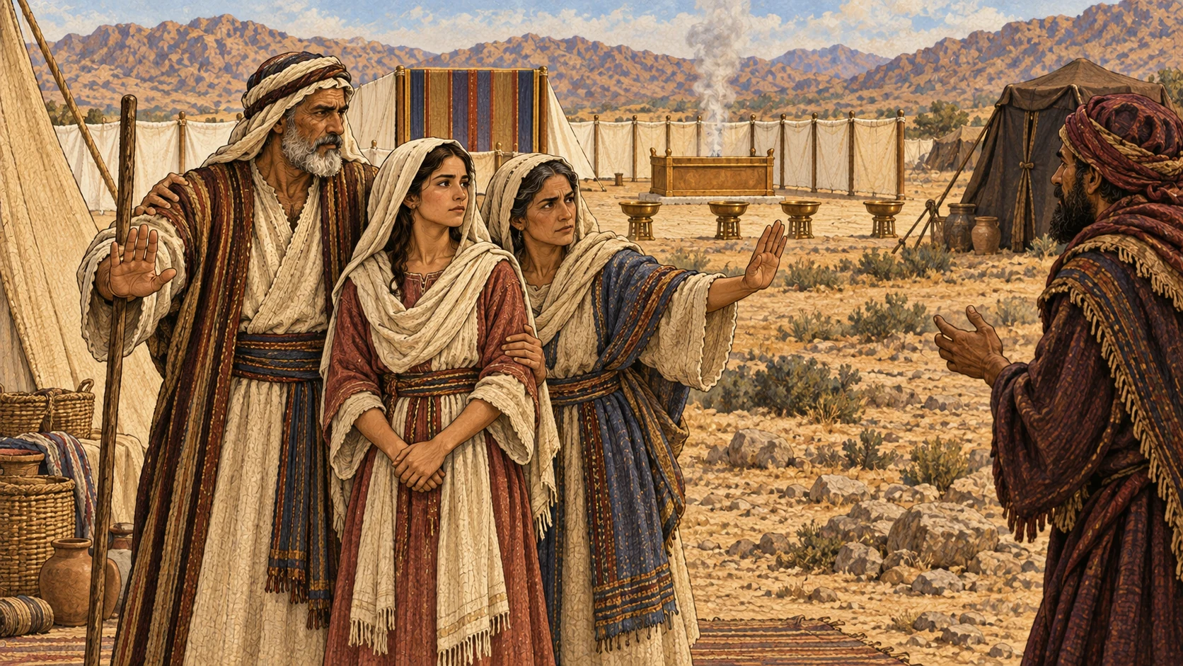 A family protects its adult daughter, faces the sanctuary in Sabbath reverence, and leaves a distant medium's tent closed and ignored. The verses preserve the prohibitions against exploitation and seeking mediums.
