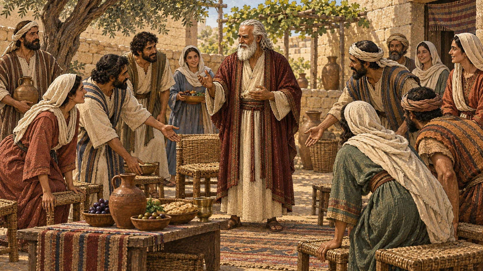 Younger adults rise and offer a place of honor to a gray-haired elder who shares wisdom while the gathered households listen. The verse preserves the command to honor old age and reverence God.
