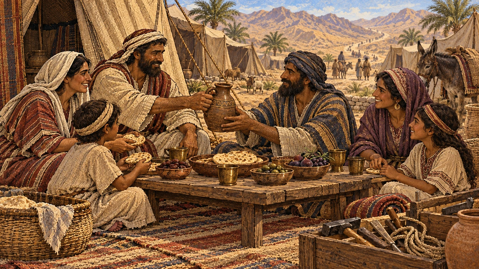 An Israelite household shares one table, water, bread, tools, and space with a resident foreign family as equals. The distant route recalls shared sojourning from Egypt, while the verse preserves the command not to mistreat the sojourner and to love the neighbor as oneself.