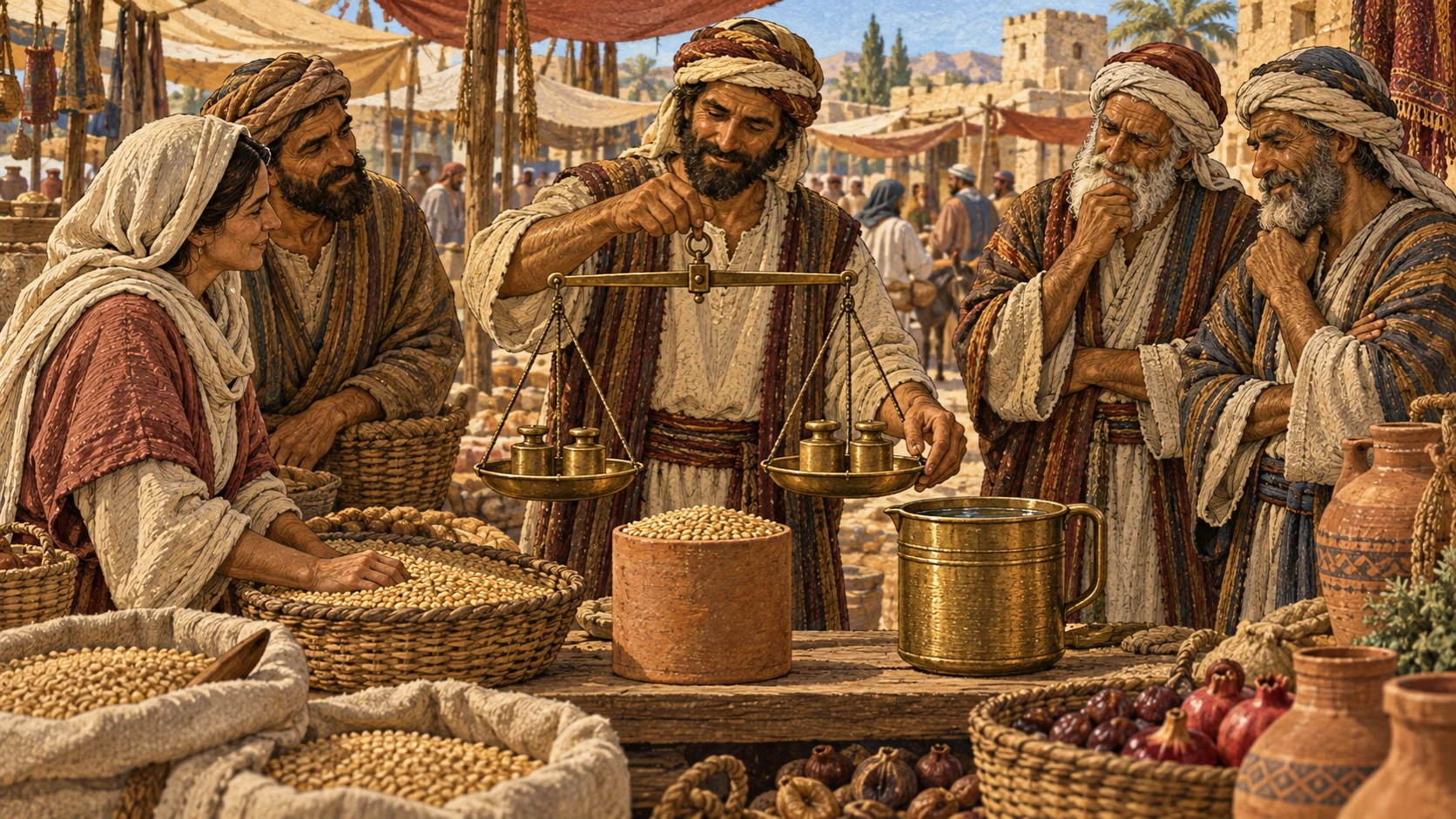 A market merchant uses balanced bronze scales, matching weights, and full grain and liquid measures while customers and elders verify the fair exchange. The verses preserve the ban on injustice in judgment, length, weight, and volume.