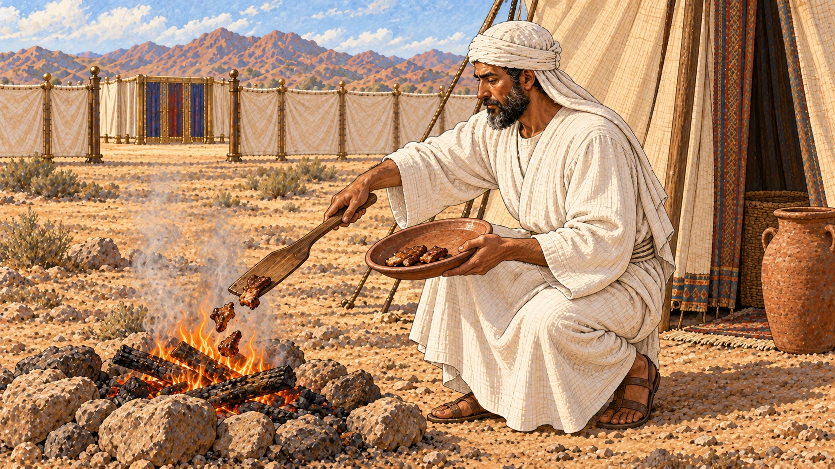 Uneaten peace-offering portions are placed into a small fire. The accompanying verses permit eating on the first two days, require burning what remains on the third, and state the consequence of eating it then.