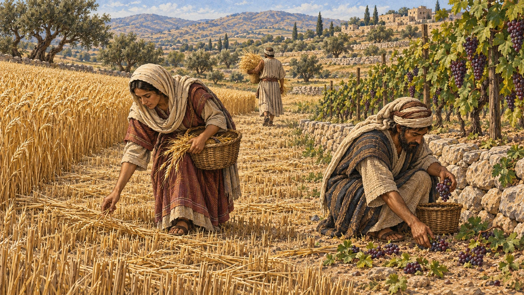 Gleaners gather loose grain and fallen grapes while standing field edges and grapes on the vines remain. The accompanying verses require leaving these portions for the poor and the sojourner.