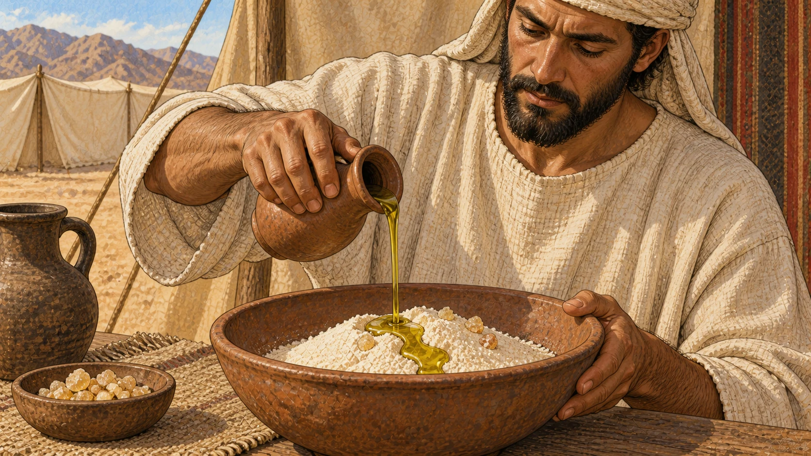 Close view of an ordinary adult Israelite in undyed linen pouring olive oil from a small earthen jug onto fine pale flour in an earthen bowl. A few pale amber frankincense resin pieces rest on the flour. Hands and ingredients in crisp focus, woven tent shade behind. No priest needed; no honey, no risen bread.
