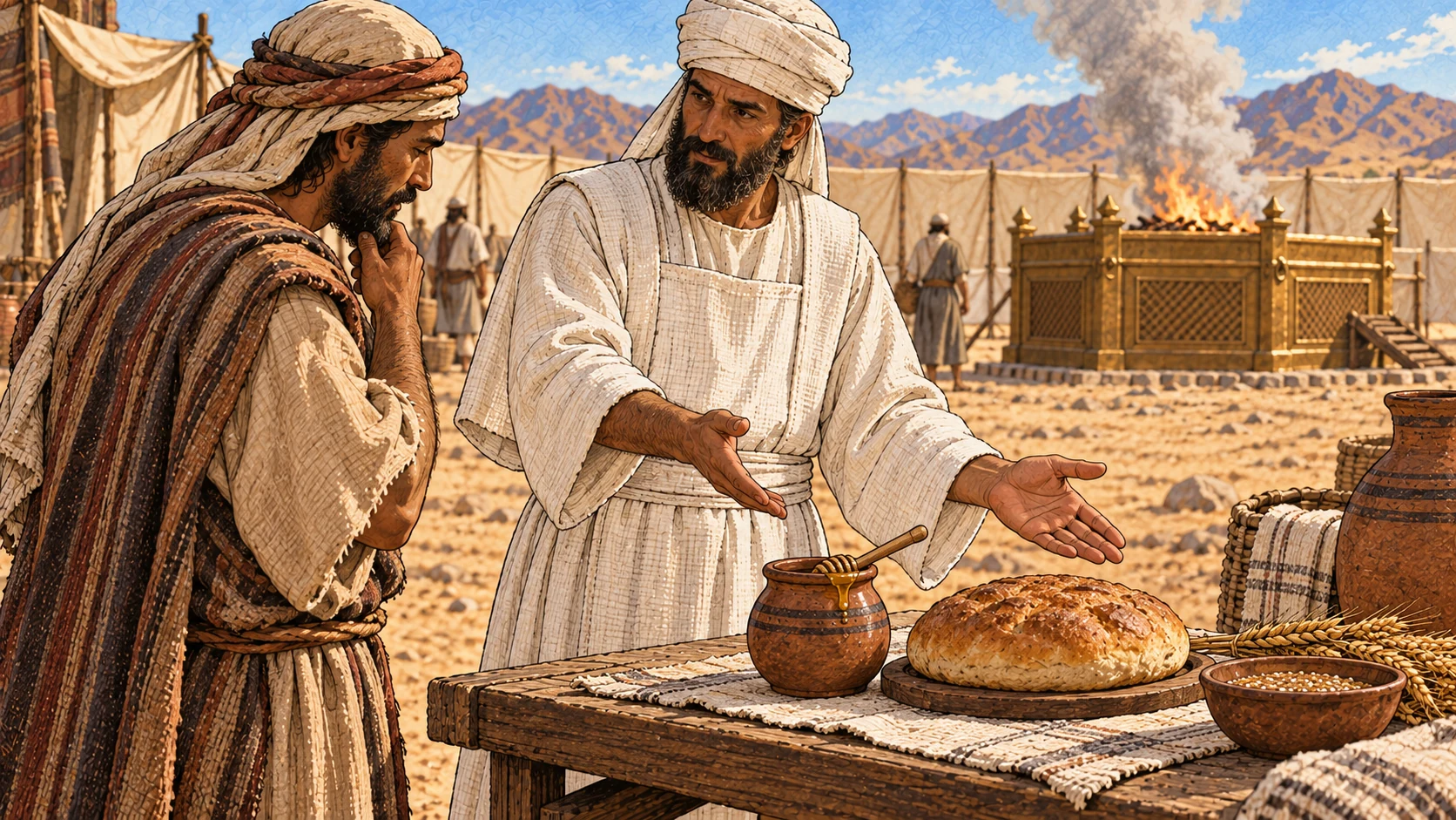 A plain white-linen priest instructs an adult worshipper beside a low table outside the altar work area. On the table a small earthen honey jar with wooden dipper and a modest risen loaf represent firstfruits permitted to be presented but not burned. The priest gestures with an open palm toward the table; far background bronze altar is separate and contains only wood fire. No one carries honey or risen bread toward fire. Contextual illustration of a prohibition, not a violation.