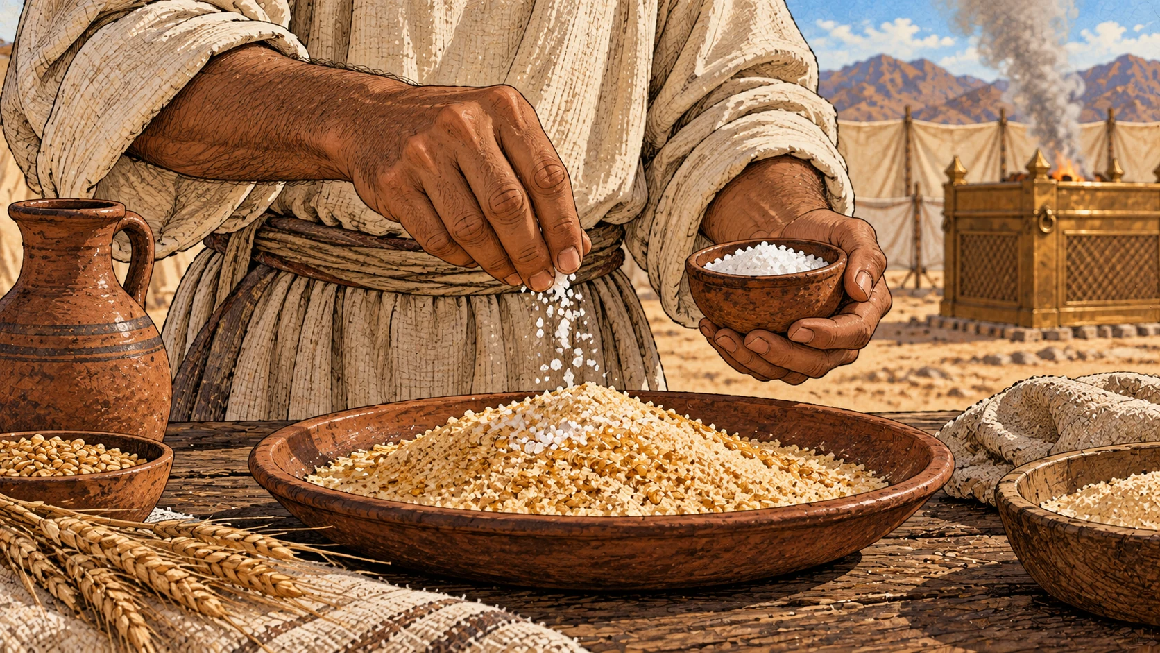 Close view of adult hands sprinkling coarse salt from a small earthen pinch bowl onto a grain offering in a shallow pottery platter. Salt crystals clearly visible against golden grain. Linen sleeves, ancient wood tabletop, no modern salt shaker, no text.