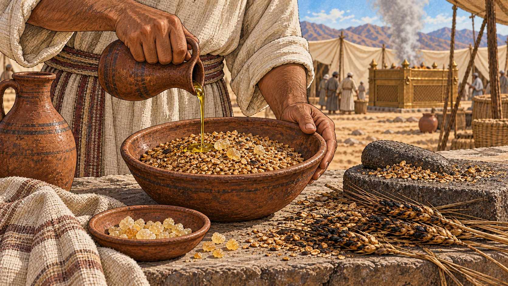At an outdoor desert camp preparation place, adult hands drizzle oil over crushed freshly roasted grain kernels in an earthen bowl. A few frankincense resin pieces sit on top. Nearby lie scorched fresh grain heads and a small grinding stone, representing earlier roasting and crushing. No raw unroasted flour substitute, no modern grinder.