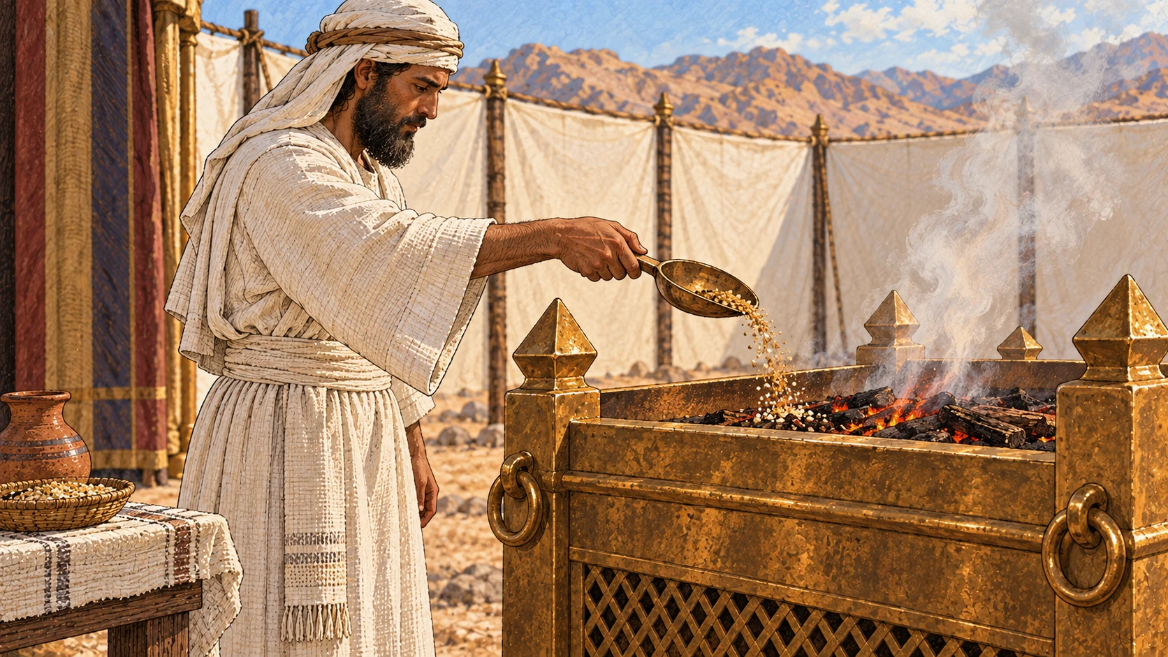 A white-linen priest tips a small memorial portion of crushed roasted grain with oil and frankincense from a plain shallow bronze scoop onto wood embers in broad bronze altar. Only a little grain, no whole vessel burning. Thin natural fragrant smoke, warm daylight, linen sanctuary curtain behind, no animals or blood.