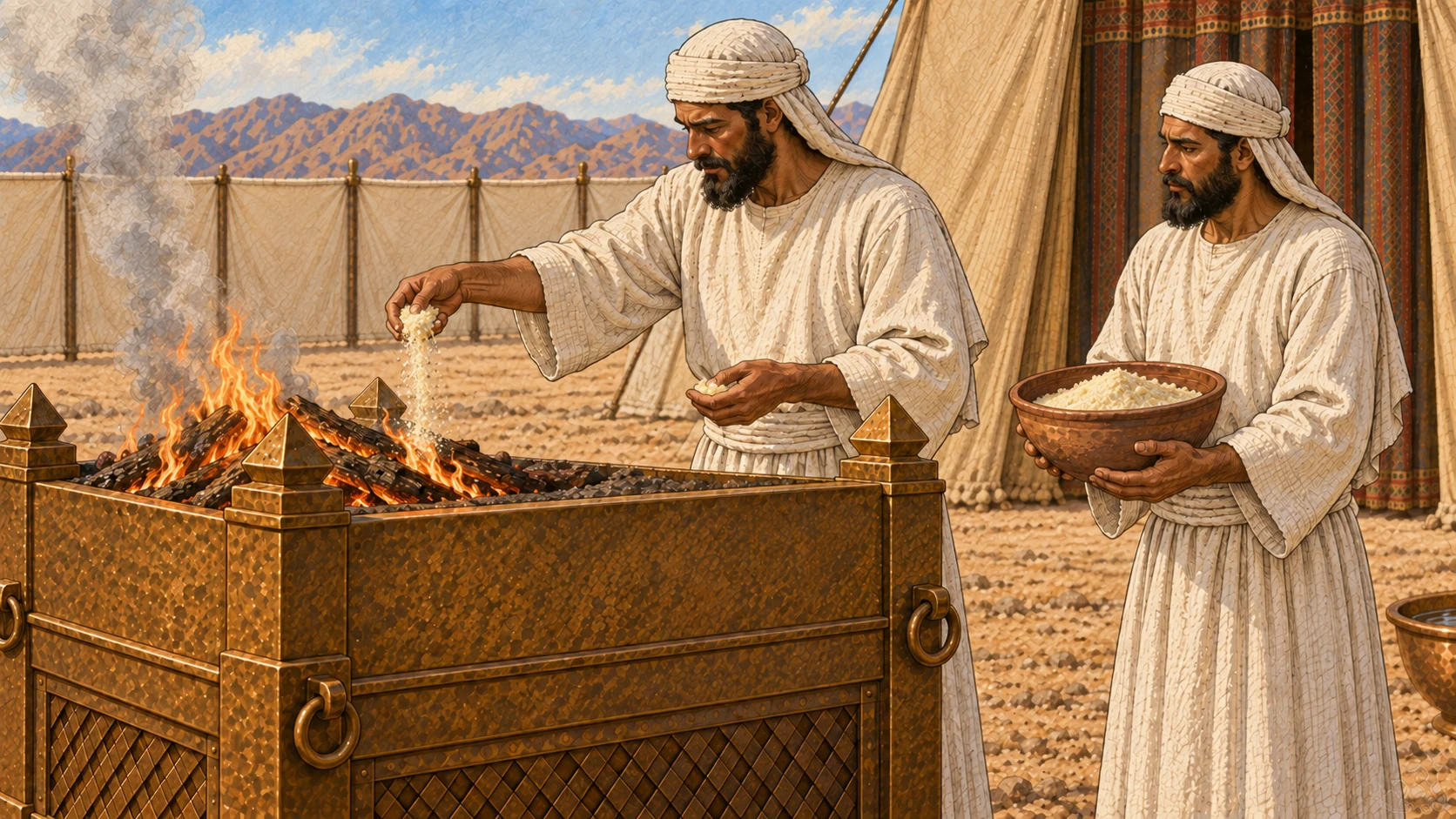 A plain white-linen priest takes a small handful of flour mixed with oil and frankincense from an earthen bowl beside the broad bronze altar. Another white-linen priest holds the bowl with the visibly larger remaining portion. Small wood fire on altar awaits the memorial portion; no whole bowl dumped into fire. Depict preparation before burning, not all steps simultaneously.