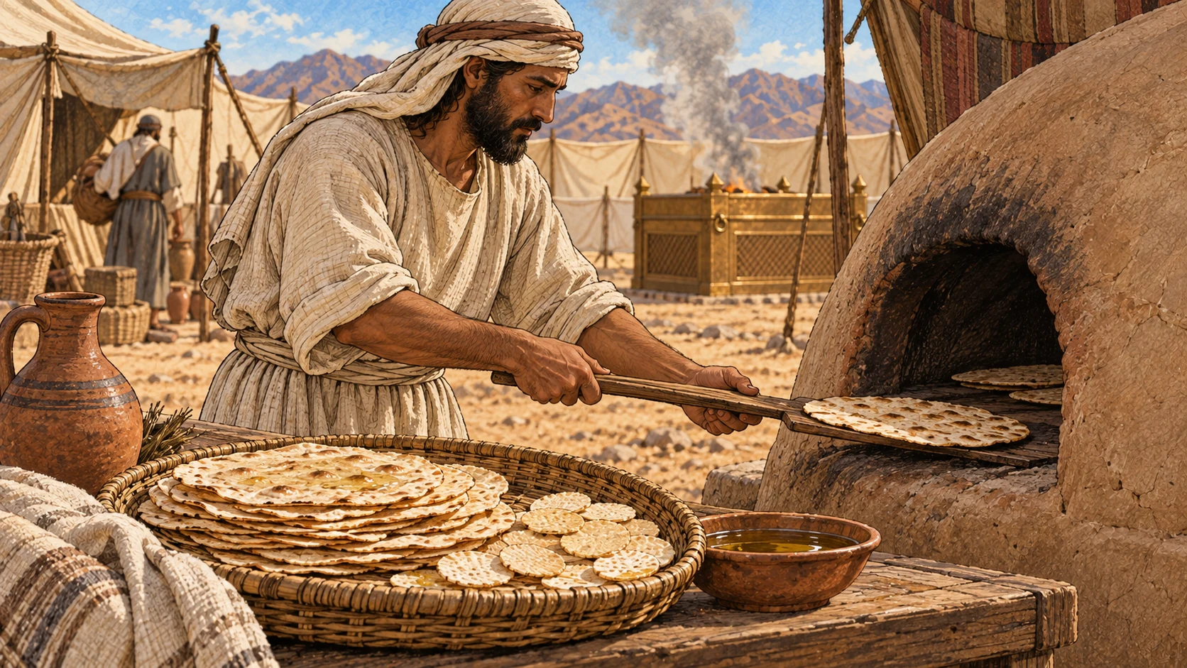 An ordinary Israelite baker in earth-toned linen tends a clay oven in the desert camp. Thin flat unleavened cakes and wafers lie on a woven tray in foreground, lightly glossed with oil. One flat cake being removed with a simple wooden paddle. No puffy loaves or modern oven.