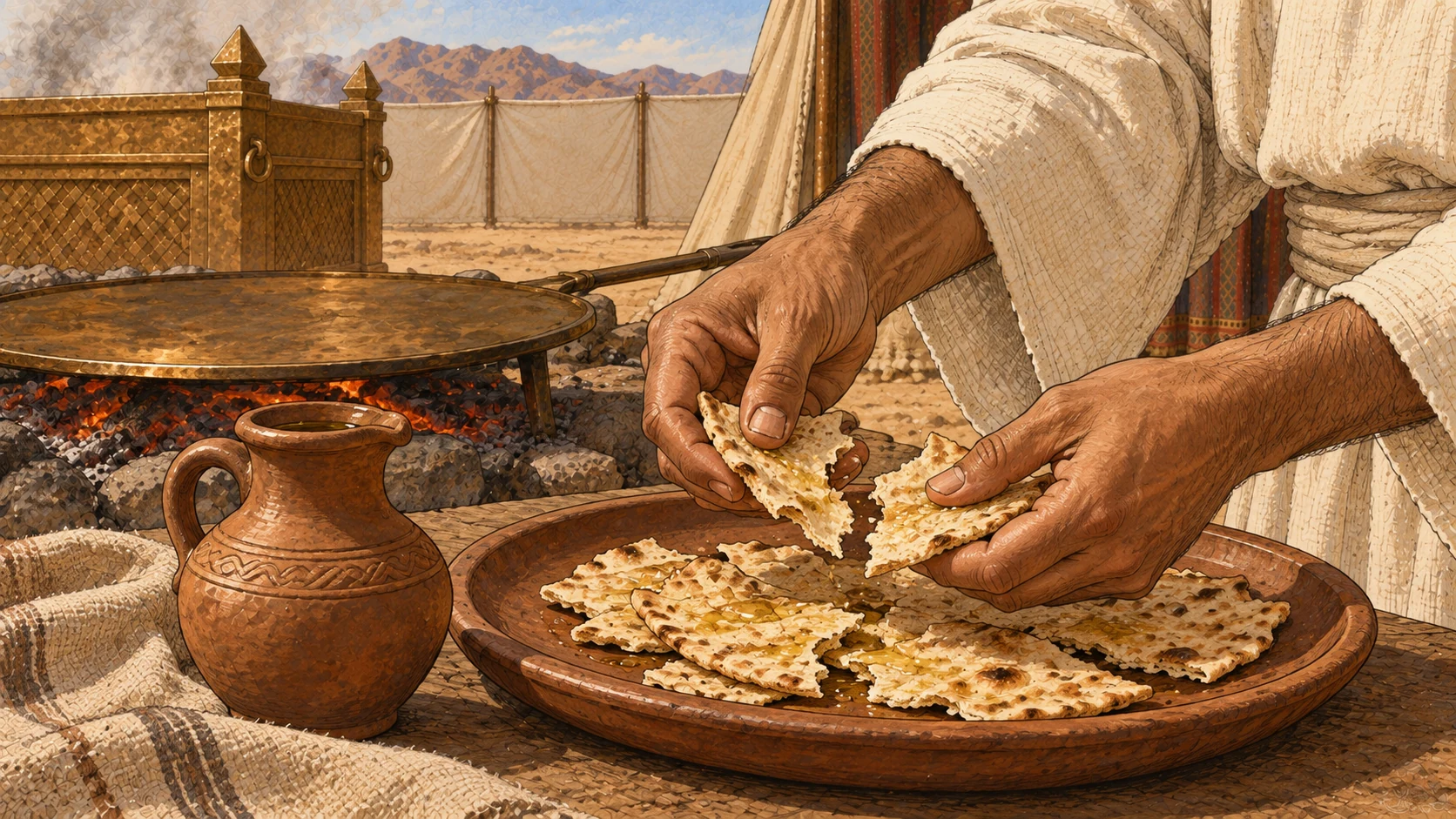 Close view of plain linen-sleeved adult hands breaking a thin unleavened griddle cake into pieces on an earthen platter. Small earthen oil jug beside it; oil already glistens on broken pieces. A simple flat bronze griddle over low embers behind. One continuous scene, no montage.