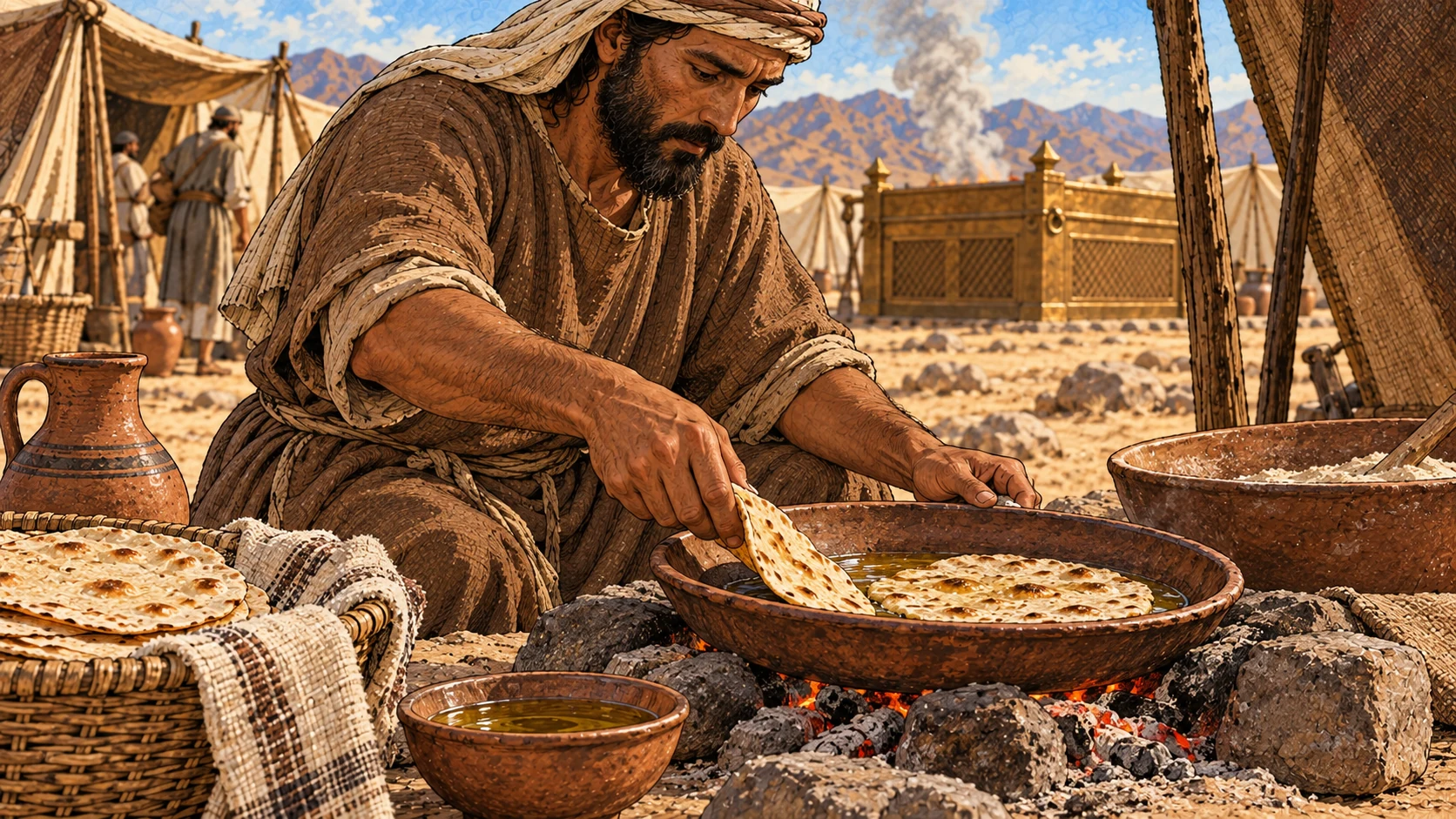 An adult Israelite in brown linen cooks fine-flour dough mixed with oil in a shallow earthen pan over low campfire embers. Close three-quarter view of pan and hands, practical desert camp setting, simple period utensils. No modern frying pan handle, no metal stove.