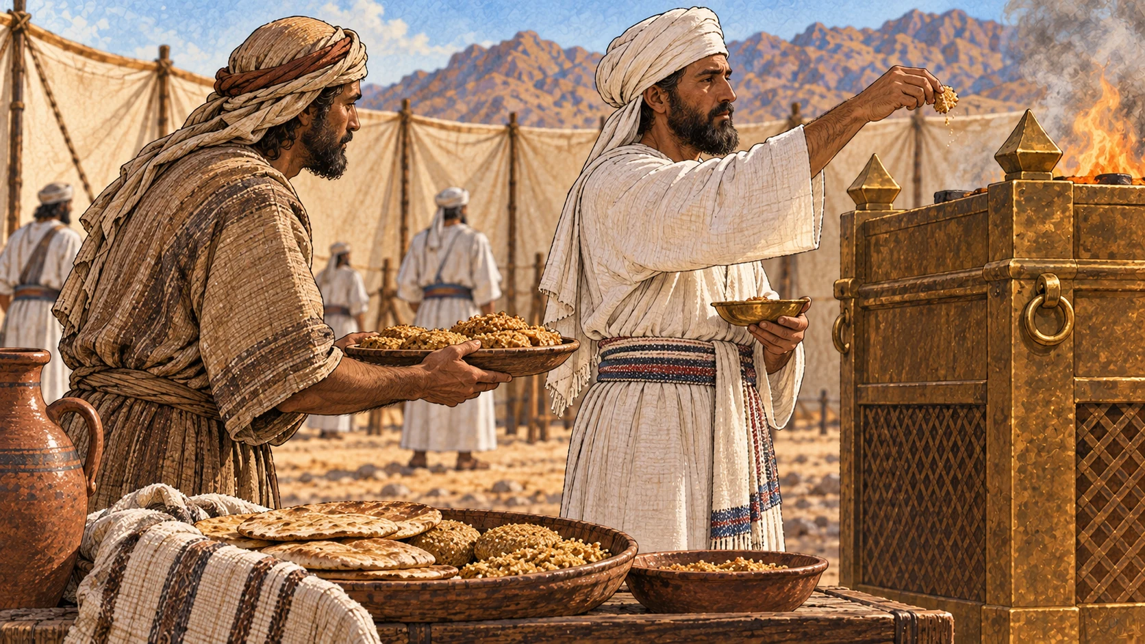 An ordinary worshipper in earth-toned garments presents a platter of cooked grain offering to a white-linen priest near the bronze altar. Priest lifts one small memorial portion from platter toward fire; generous remainder still visible for the priests. Modest fire, no animals or blood, solemn exchange.