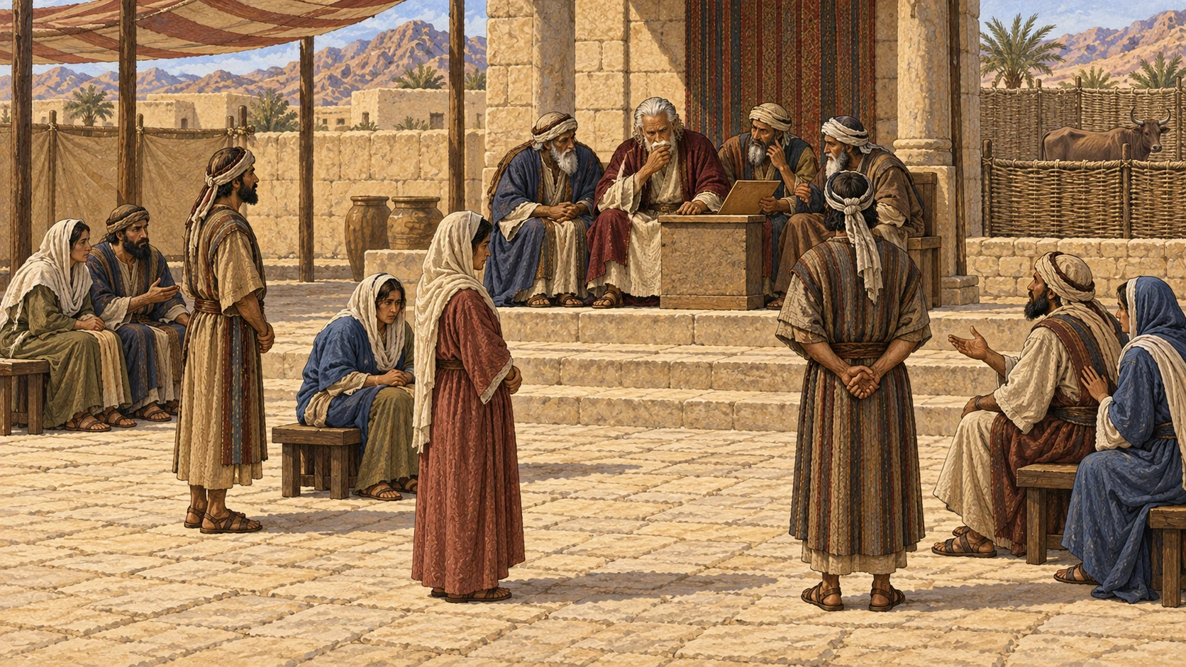 A council of elders hears separated, fully clothed adults in a public legal courtyard while protected relatives sit with advocates and a calm animal remains behind a distant fence. The verses preserve the grave sexual prohibitions without reenactment.