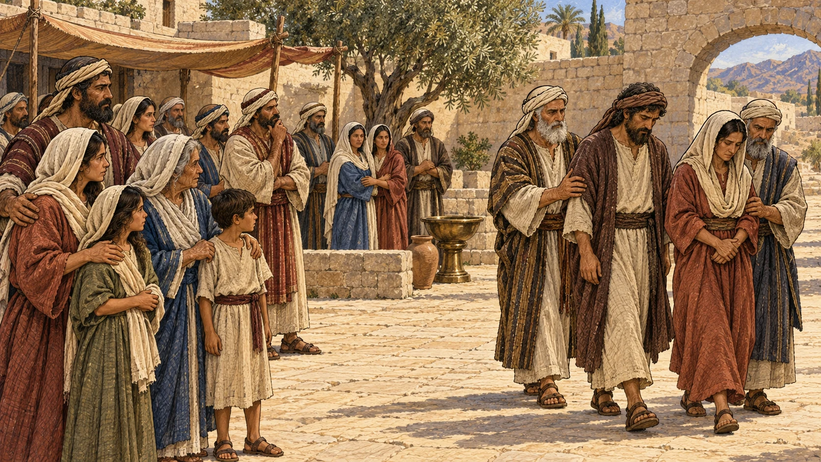 A multigenerational assembly remains in rightful household groups while elders calmly escort two fully clothed adult offenders beyond the gathering. Affected relatives stay protected together and the removal remains orderly and nonviolent.