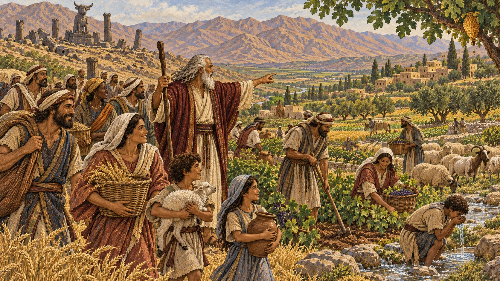Moses leads native-born and sojourning families into a fertile valley of grain, vines, grazing animals, honeycomb, and flowing water; behind them, abandoned corrupt shrines are left behind as they tend the land together.