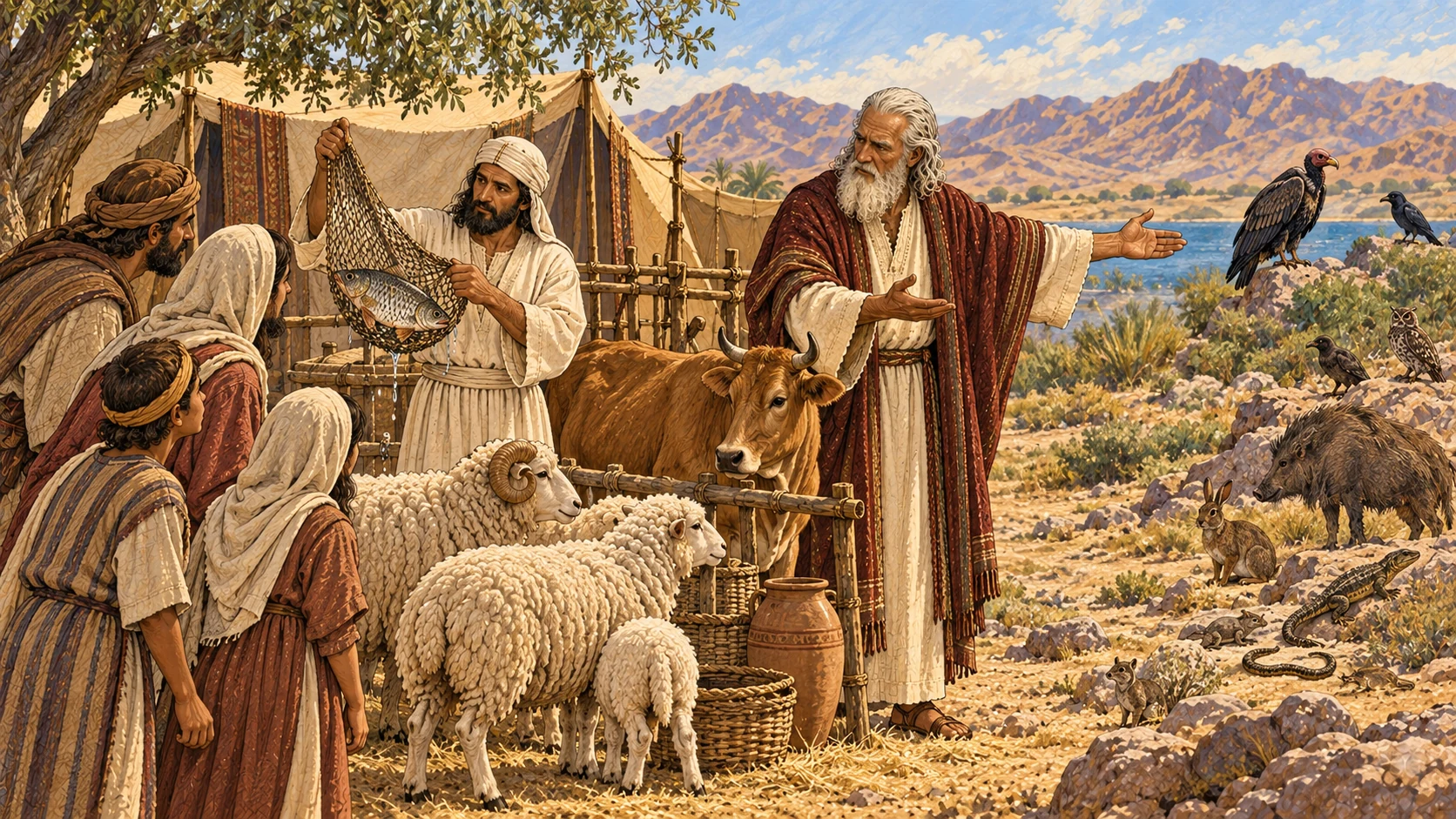 Moses and Aaron teach families to distinguish clean and unclean creatures: sheep and cattle remain near the households, a scaled fish is inspected in a net, and unclean birds and ground creatures remain untouched at a distance.