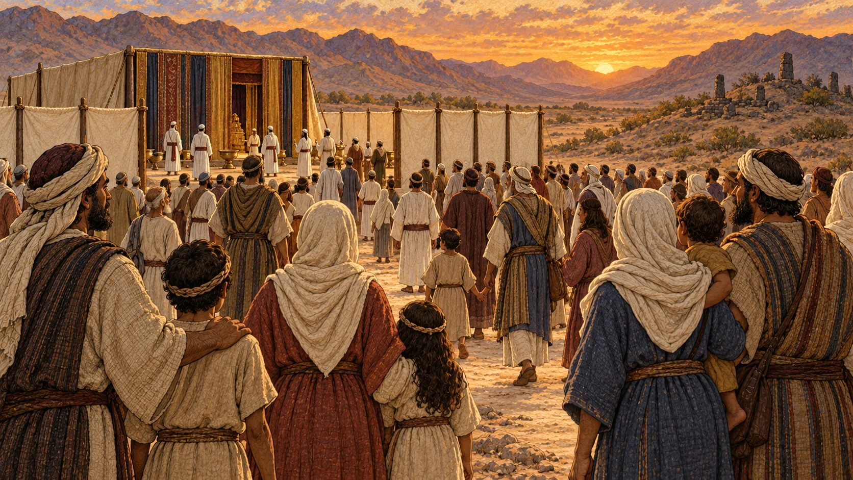 At sunset, elders, children, single adults, families, priests, and resident sojourners gather along one broad clean path toward the ordered sanctuary, while abandoned cult sites remain distant and empty.