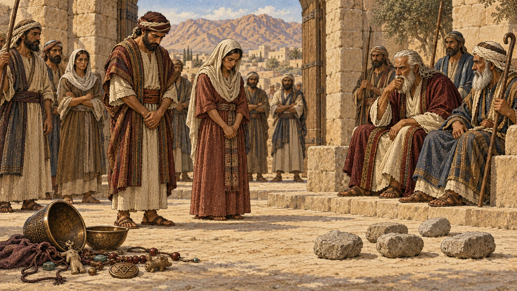 A fully clothed man and woman face sober public judgment at the elders' gate; discarded divination bowls and charms lie inert, witnesses stand calmly, and untouched legal stones convey the stated sentence without showing it.