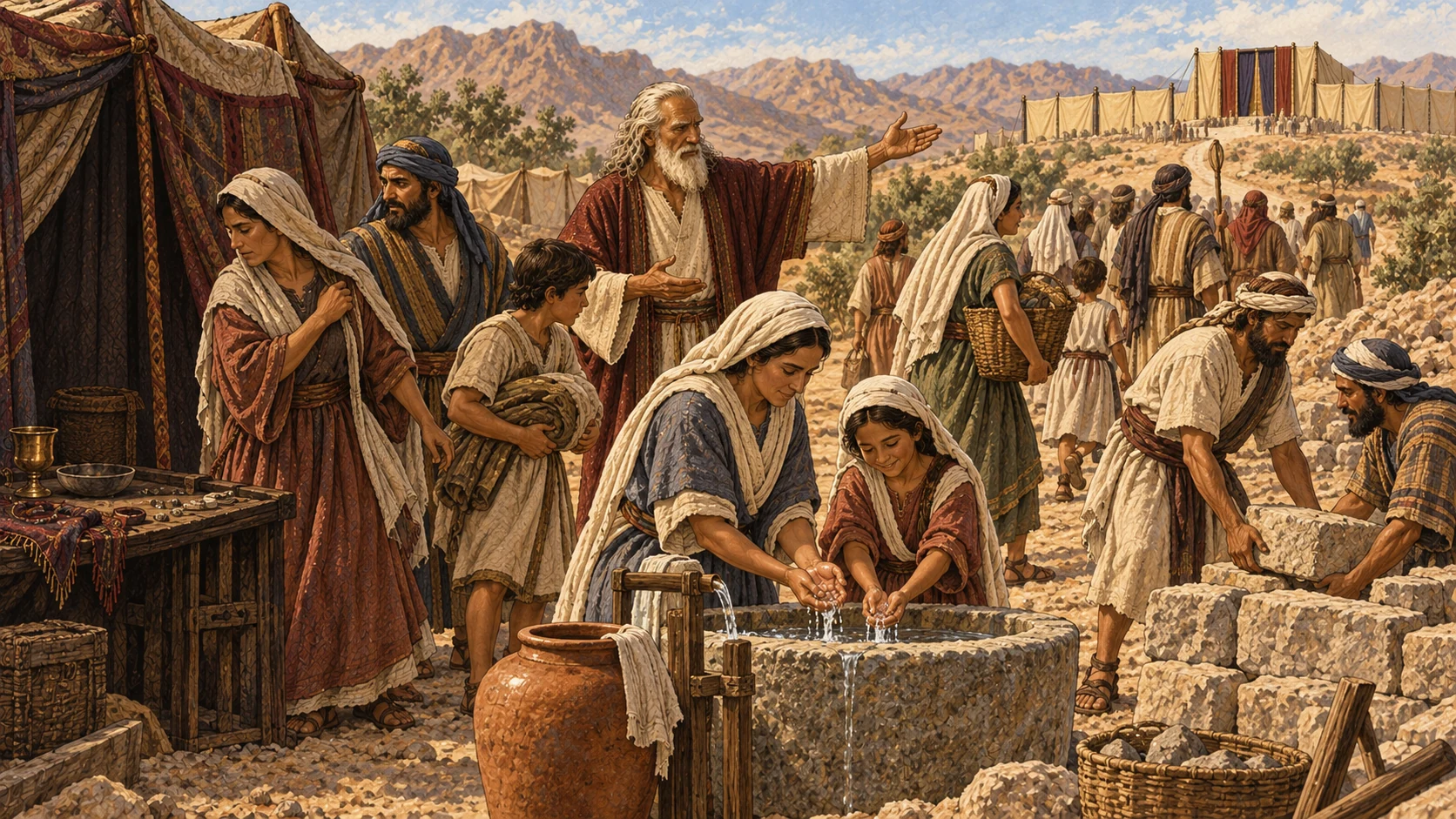 Moses teaches Israelite and sojourning families who turn away from a closed medium's tent and discarded divination objects, wash, work honestly, and gather toward the sanctuary. The verses preserve the call to consecration and faithful statutes.