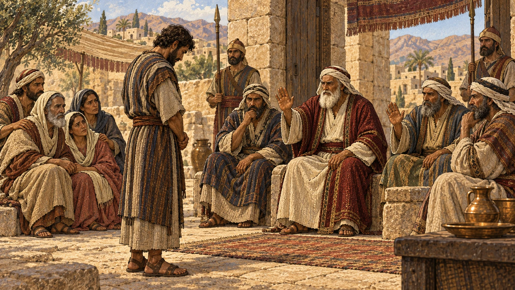 At the elders' gate, an adult faces sober communal judgment while his parents sit protected and supported by relatives. The verse's grave penalty is preserved in text without depicting execution.