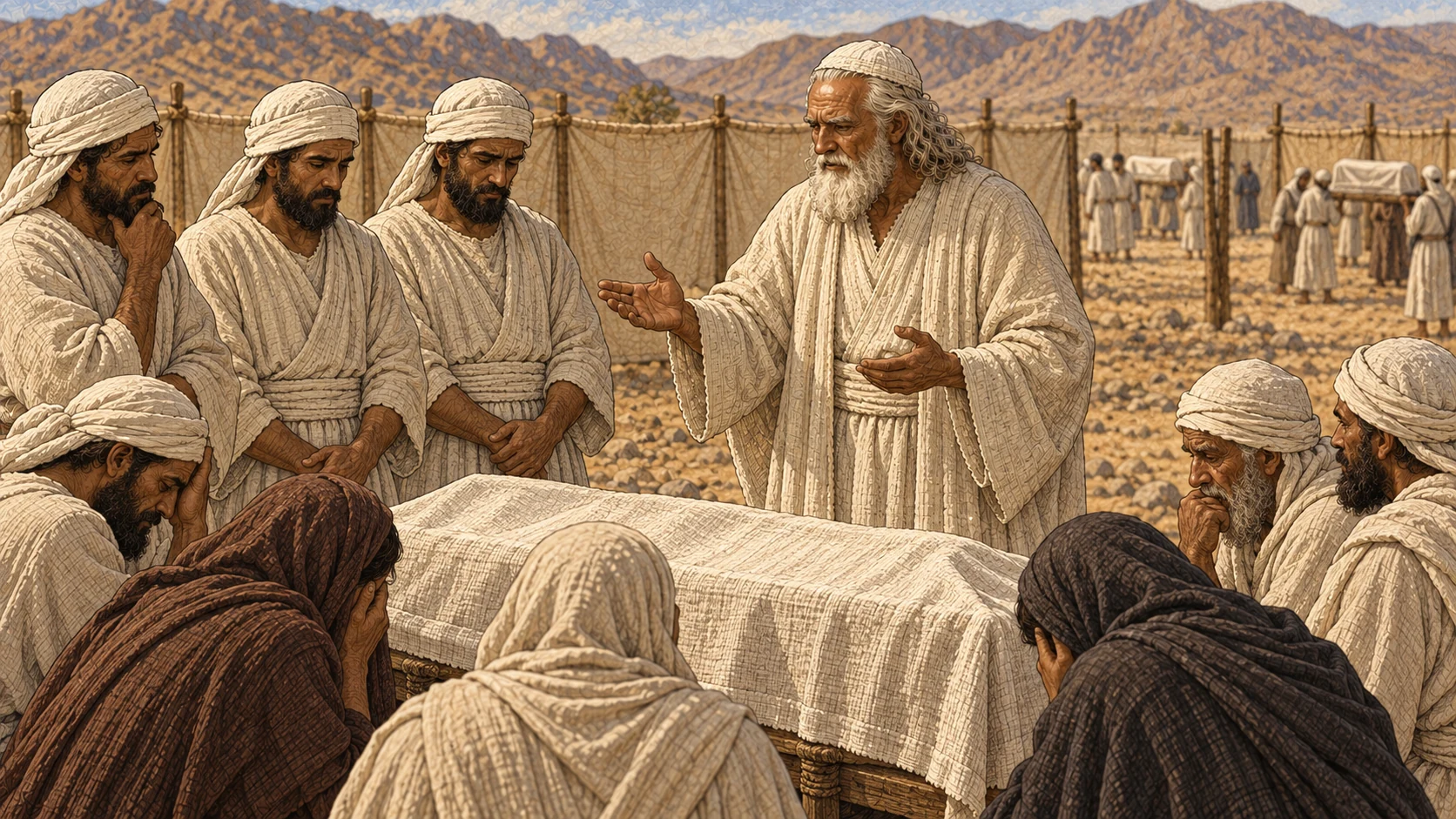 Moses teaches adult sons of Aaron about mourning boundaries as a plain-white-linen priest stands beside a covered bier within a close family circle; other funerals remain distant beyond the priest's duty space.