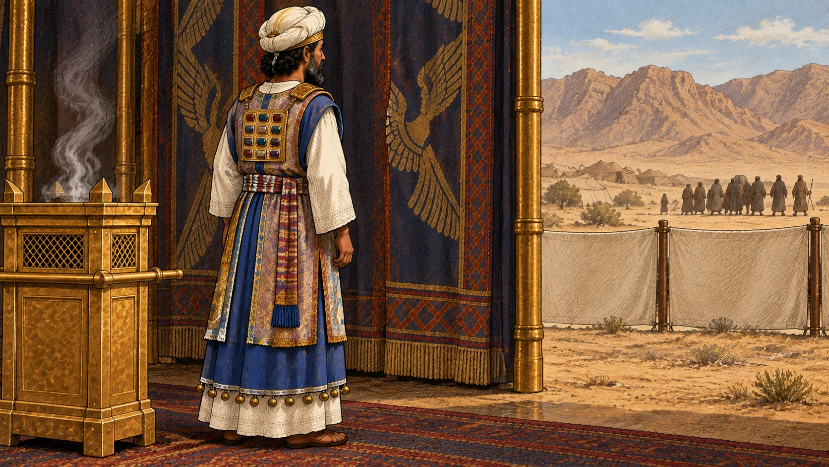 Aaron stands steadfast within the sanctuary in complete high-priestly garments, hair bound and garments untorn, while a distant family funeral passes beyond the camp and he continues guarding the holy place.