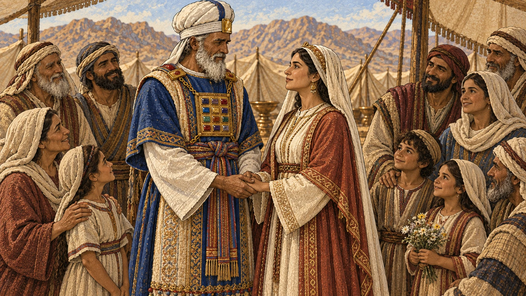 The high priest and his eligible Israelite bride stand in a solemn marriage covenant before both families and elders, beginning a protected priestly household among the people.
