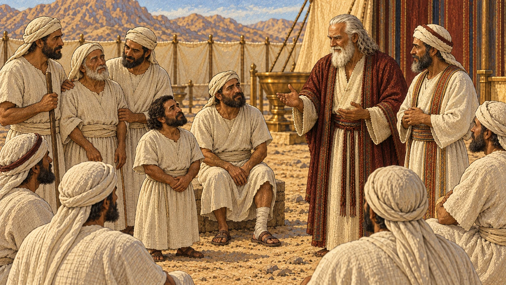 Moses and Aaron speak respectfully with priestly descendants who represent different visible and nonvisible conditions; all wear clean linen and participate in community life with equal dignity.