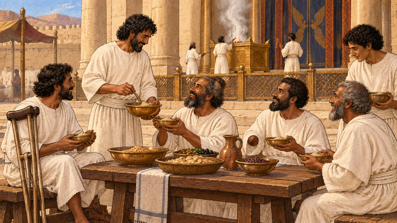 Priestly descendants with disabilities share equally in holy and most-holy food at a communal meal, while a clear architectural threshold keeps the altar and inner veil beyond their service boundary and other priests tend the offering.