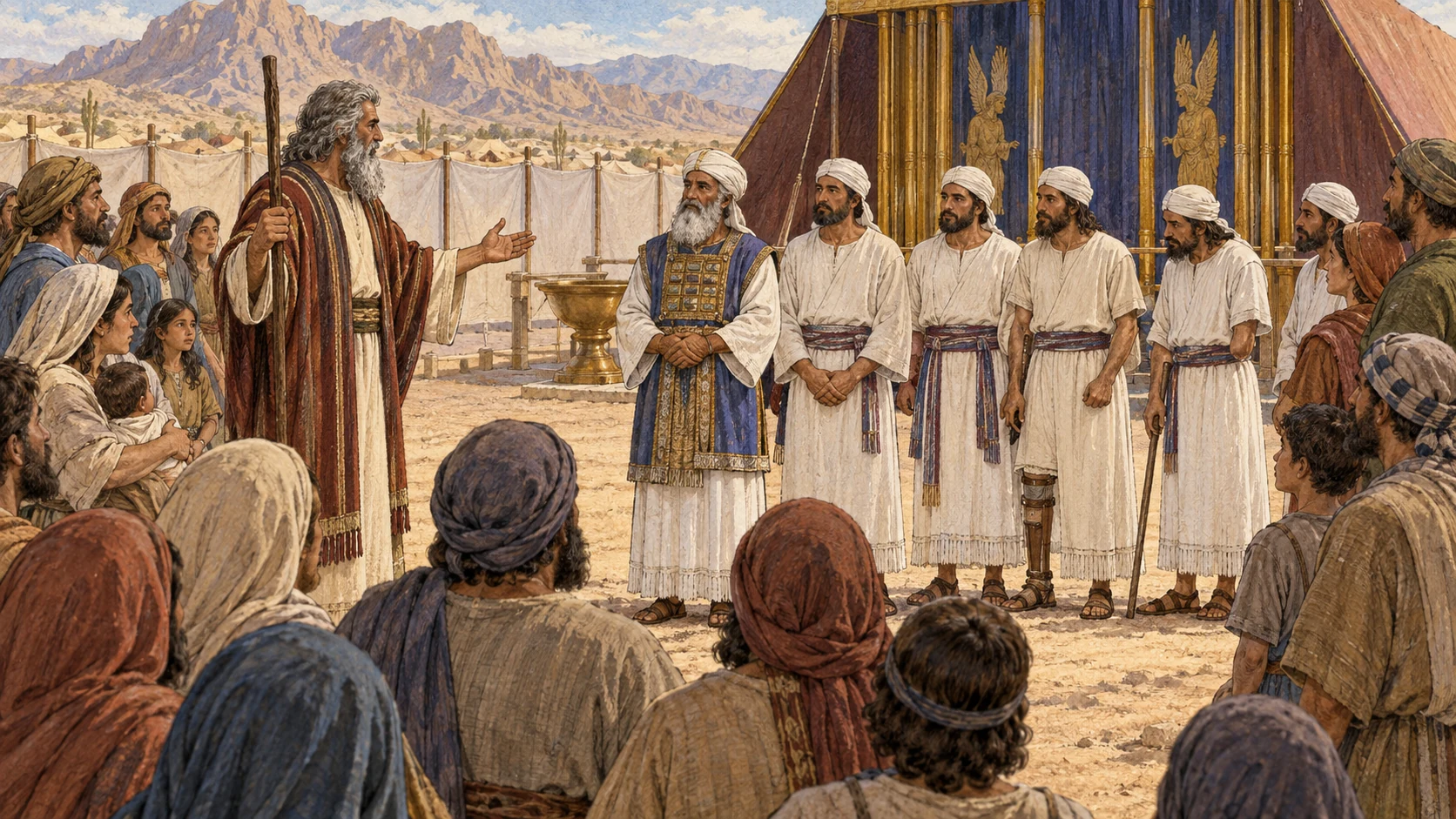 Moses addresses Aaron, all Aaron's adult sons including priests with disabilities, and representative Israelite families together before the sanctuary. Everyone listens at equal dignity as the priestly service boundaries are made known to the whole community. No chart, text, pointing at disabled individuals, shame, blood, offering action, or visible deity.