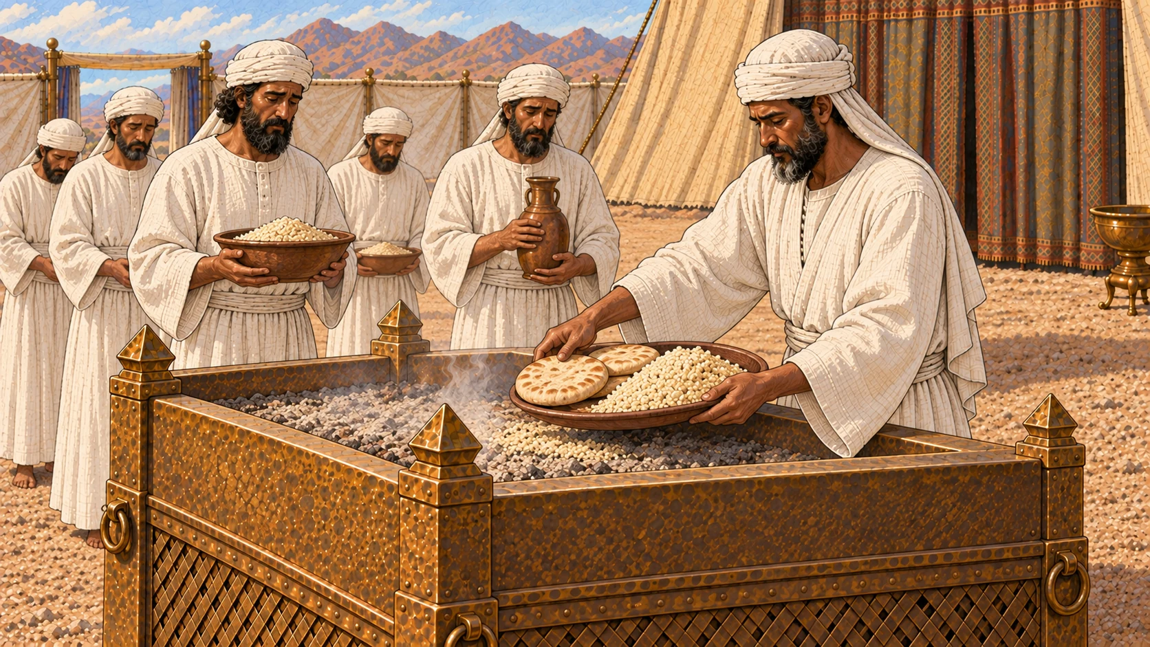Adult priests mourn with hair and beards intact, skin uncut, and whole linen garments, then return with composed faces to present bread and pale grain portions at the broad bronze altar.