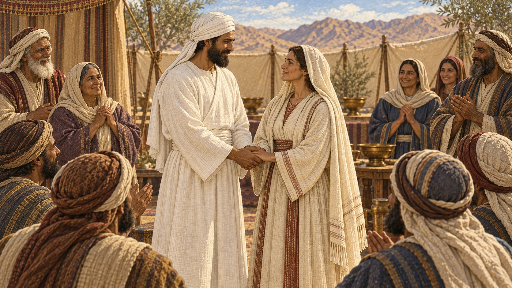 A plain-white-linen priest and an eligible Israelite woman join hands in a dignified marriage covenant before both families and elders, while the community welcomes them with respect.