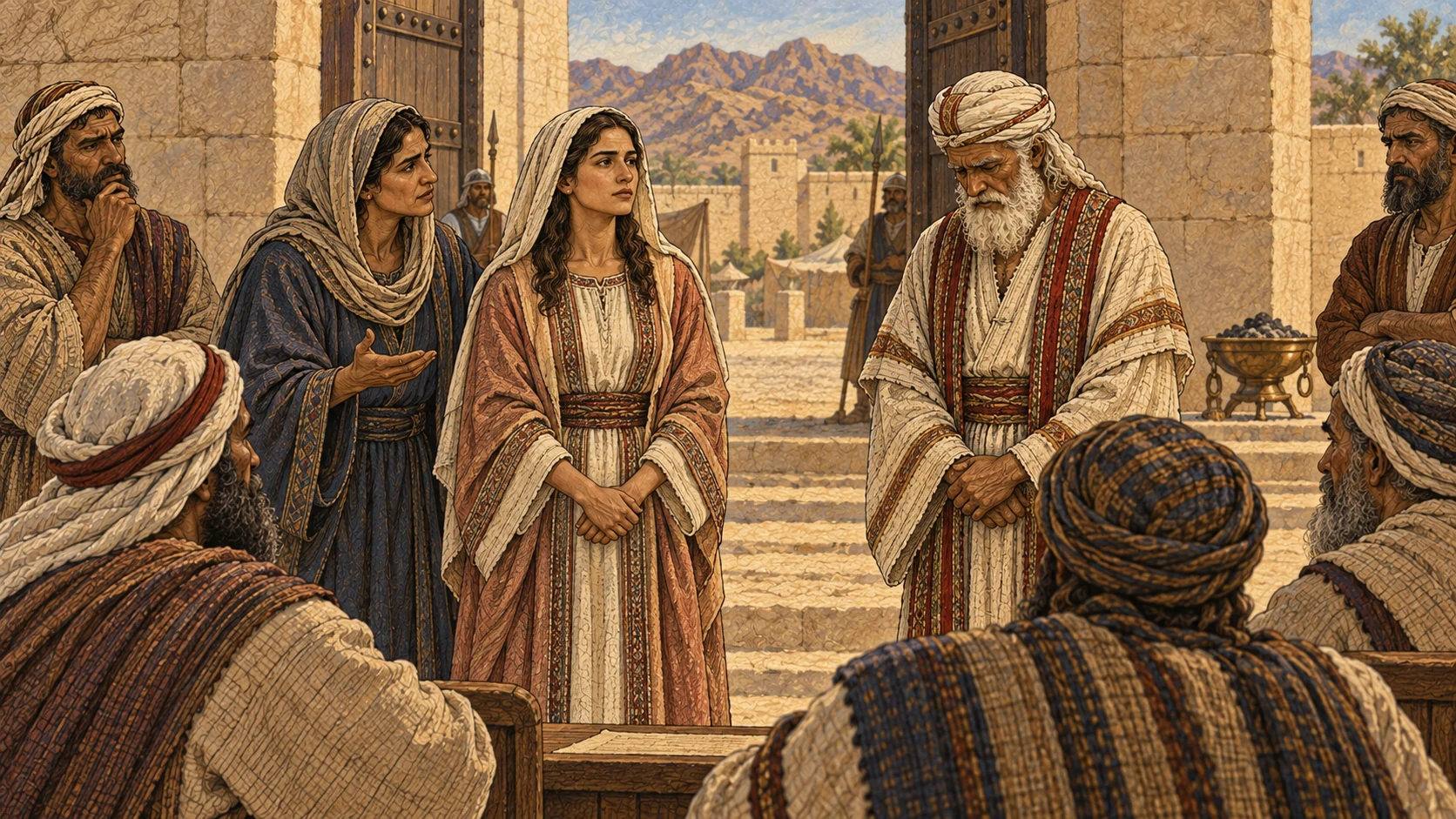 At the elders' gate, a priest's adult daughter stands fully clothed beside a female advocate while her father and witnesses face a grave public inquiry; an unused brazier remains distant, indicating the stated penalty without enactment.