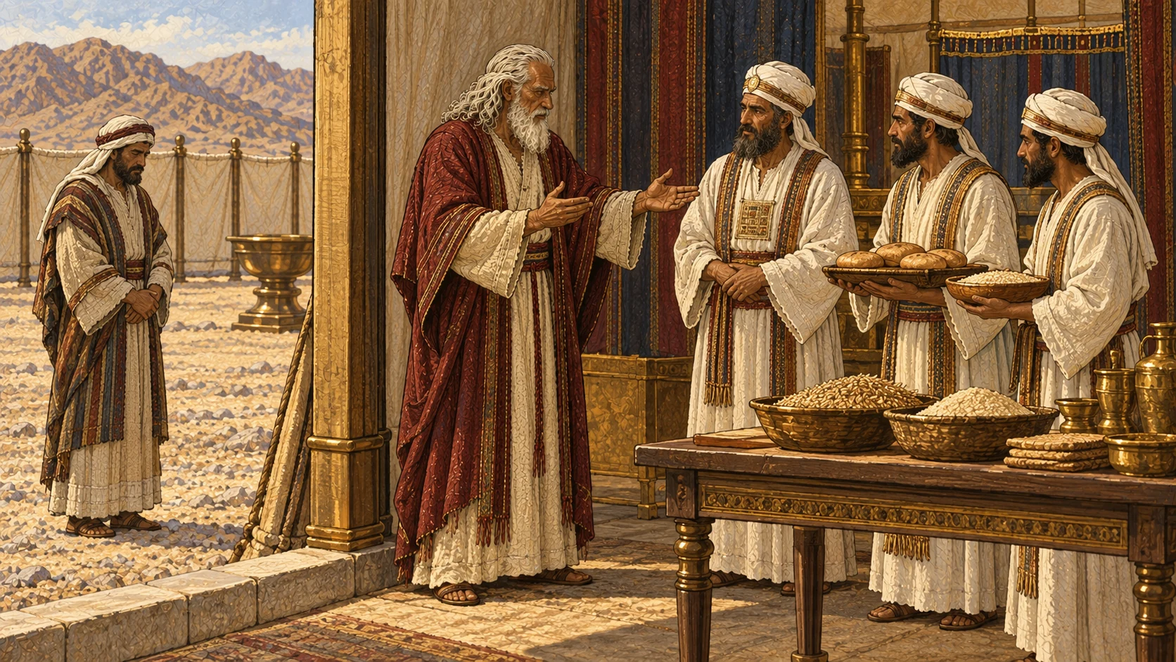 Moses instructs Aaron and his sons beside consecrated grain, bread, and offering portions while one temporarily unclean priest remains respectfully outside the sanctuary threshold and clean priests receive Israel's gifts within.