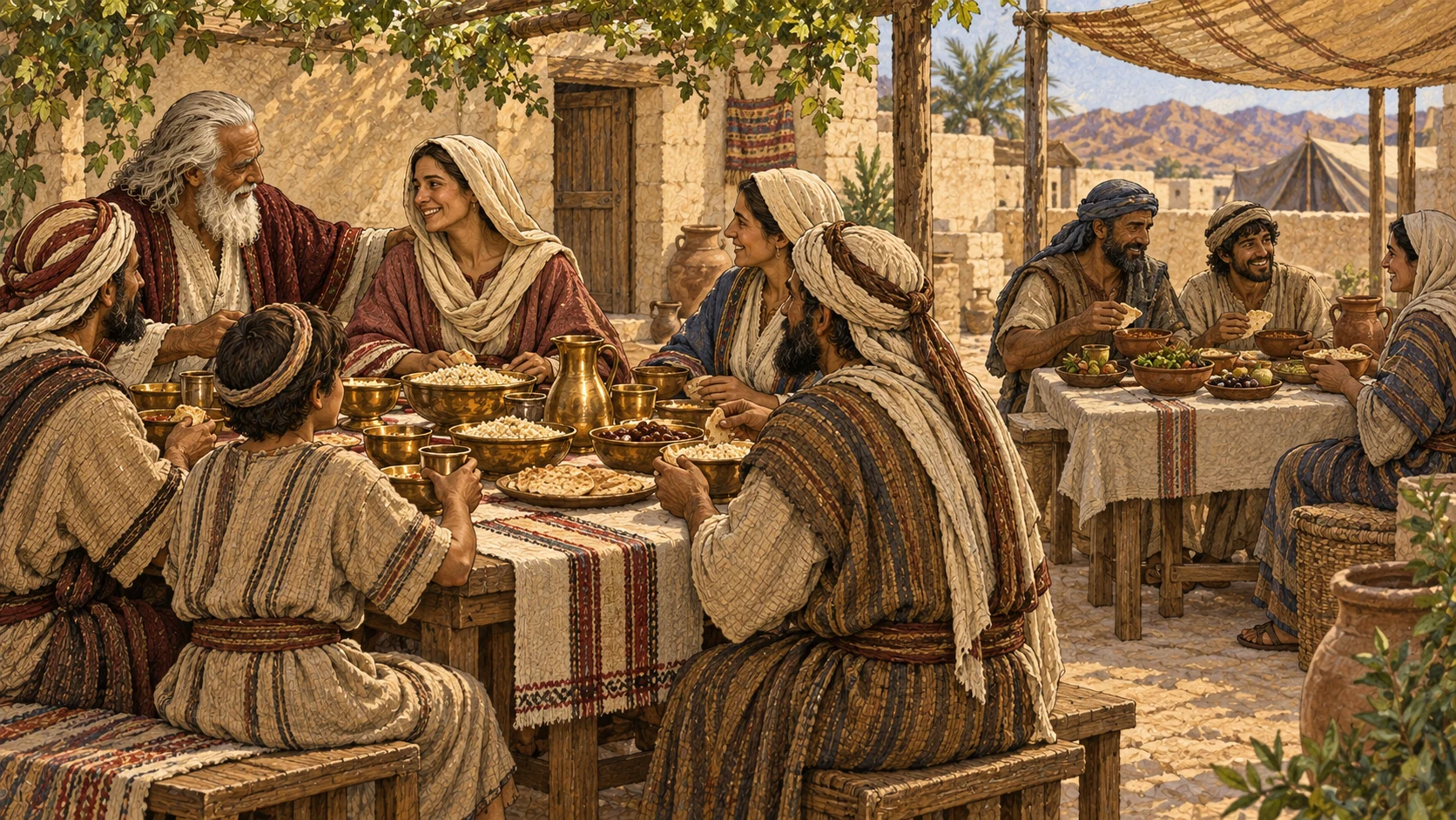 A priest's returned daughter is warmly welcomed back to the household table, where permanent household members share consecrated food; a neighboring table gives generous ordinary food to a hired worker and temporary guest without shaming or hierarchy.