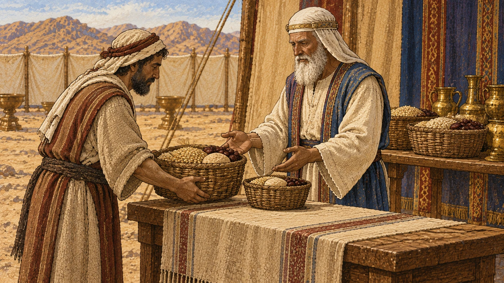 An Israelite quietly returns a full replacement basket to the priest and adds a visibly smaller fifth-share basket; other consecrated gifts remain protected nearby, and the priest receives the restitution calmly.