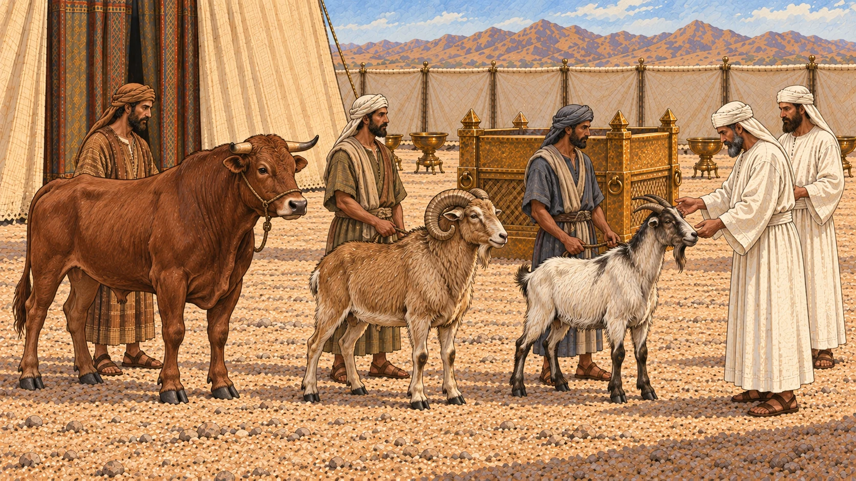 An Israelite and a resident sojourner present exactly one sound young bull, one sound curled-horn ram, and one sound male goat for calm inspection by white-linen priests before the sanctuary.