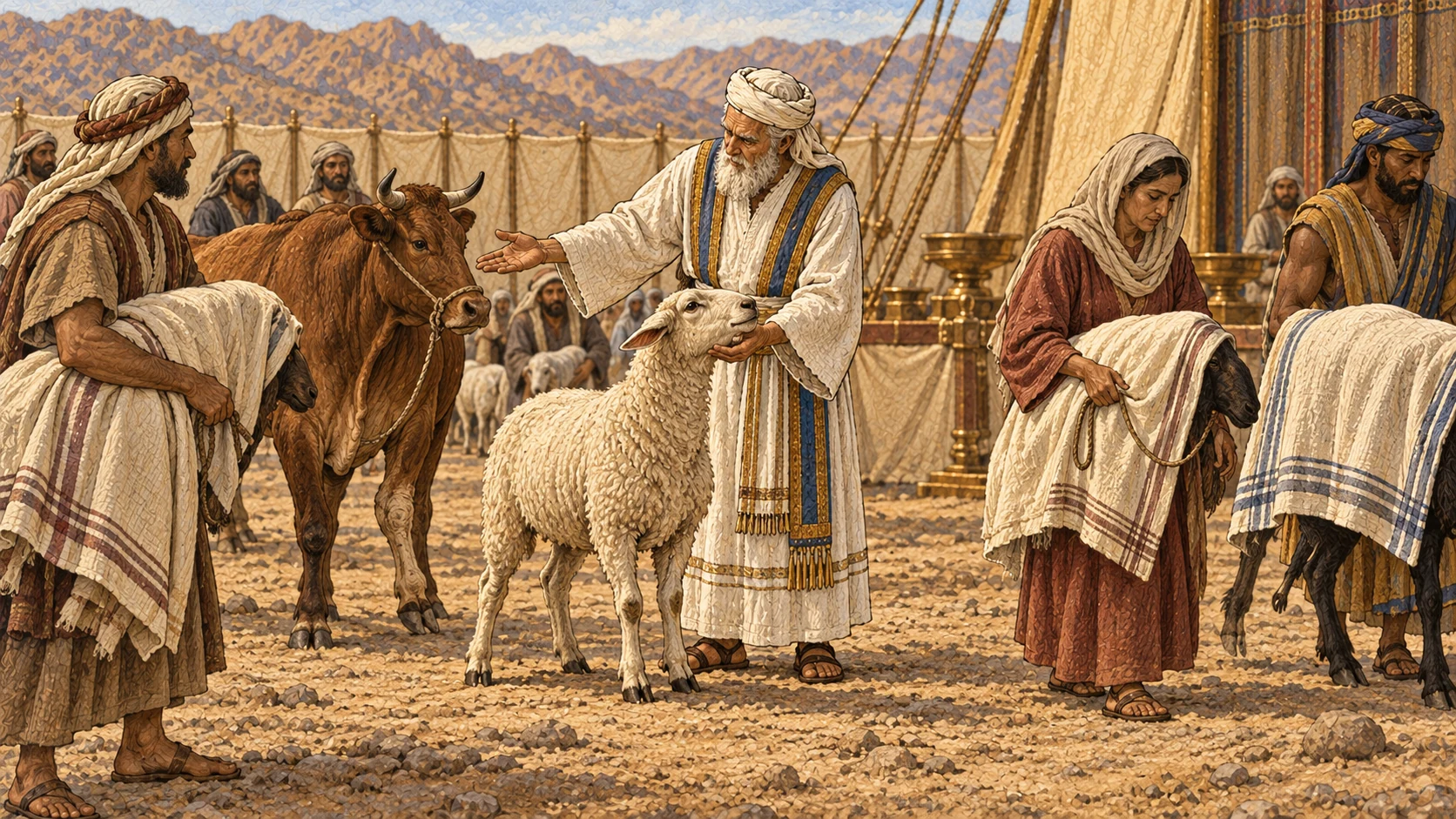 A white-linen priest compassionately examines living animals: one sound animal is accepted for a vow, an ox with an uneven limb is directed only toward a freewill gift, and covered animals with disqualifying conditions are gently returned to their owners, including a foreign trader.