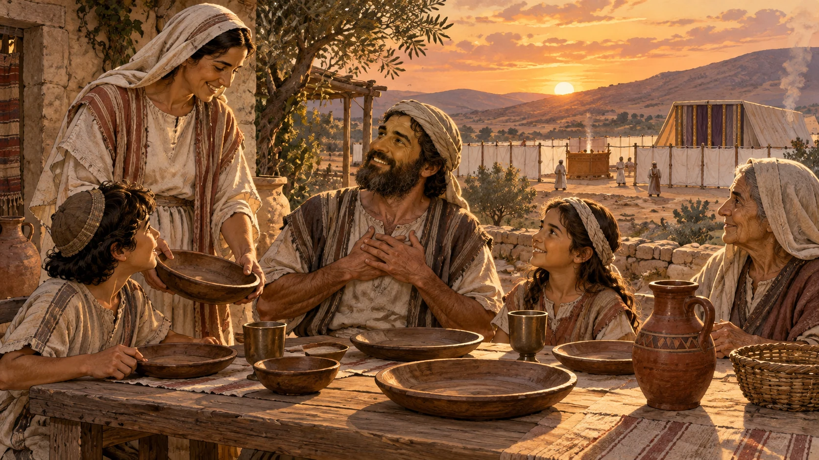 An Israelite household gratefully finishes a modest thanksgiving-offering meal before sunset, sharing every permitted portion so that only clean empty dishes remain by nightfall. The sanctuary is visible in warm distance. No leftovers, raw meat, blood, excessive feast, waste, third-day imagery, or visible deity.