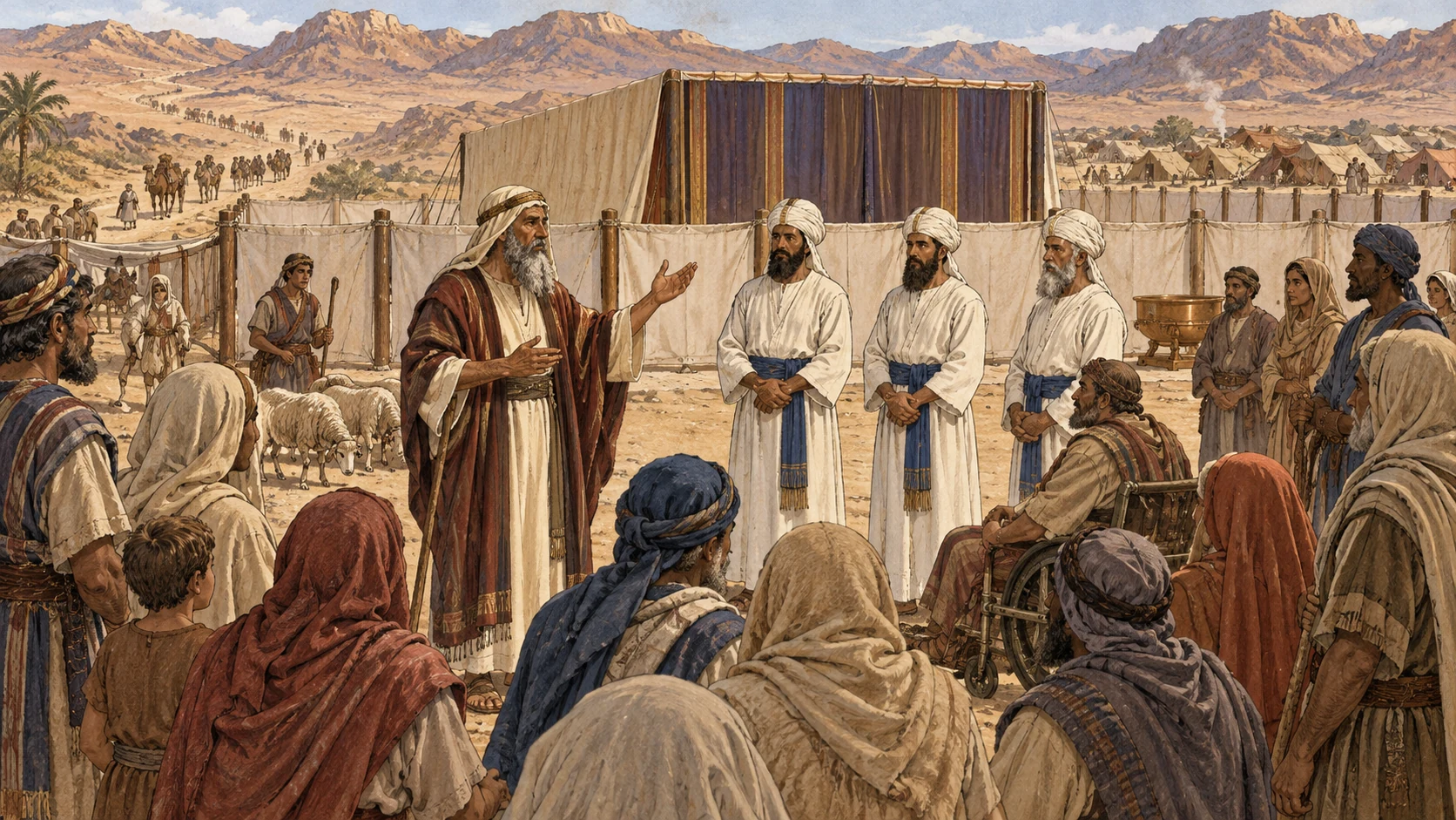 Moses addresses priests, native Israelites, and sojourners gathered around the sanctuary as they faithfully carry out the commands. A faint desert route from Egypt leads into the ordered camp behind them, connecting deliverance with the holy name honored among Israel. No pyramids dominating, humanoid deity, magical apparition, idol, blood, or text.