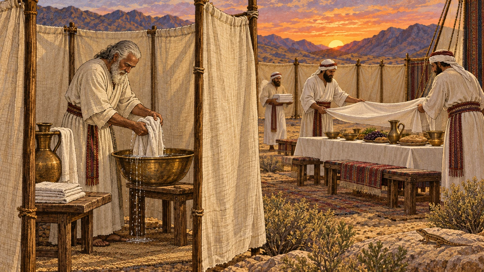 A temporarily unclean priest washes and rinses his garment behind a linen screen; as the sun sets, other priests prepare a clean place for him to share rightful holy food.